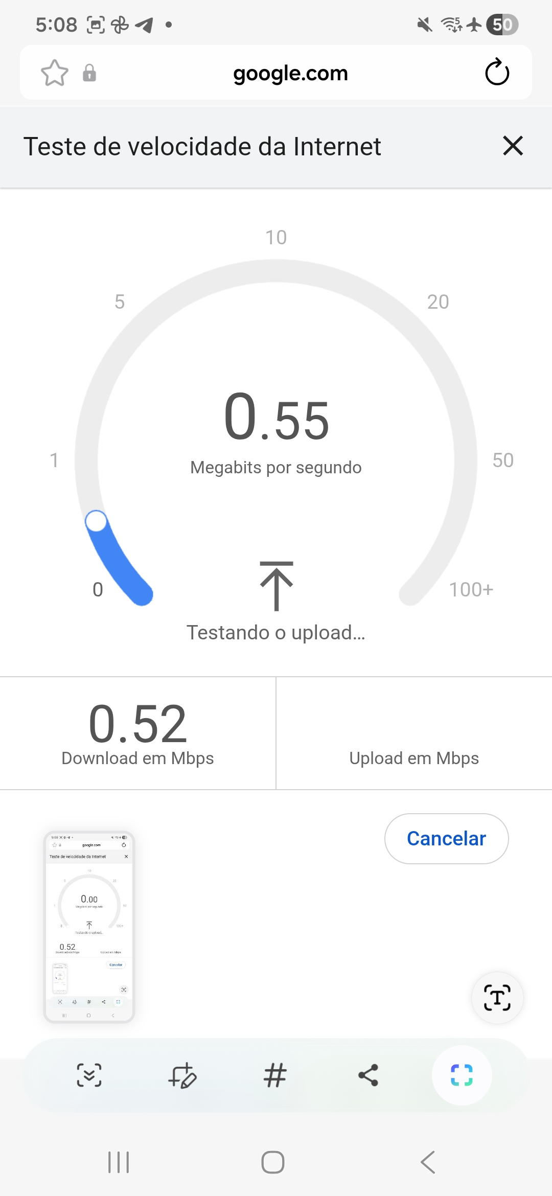 Teste de velocidade da Starlink em Modo de Espera mostrando 0,52 Mbps de download